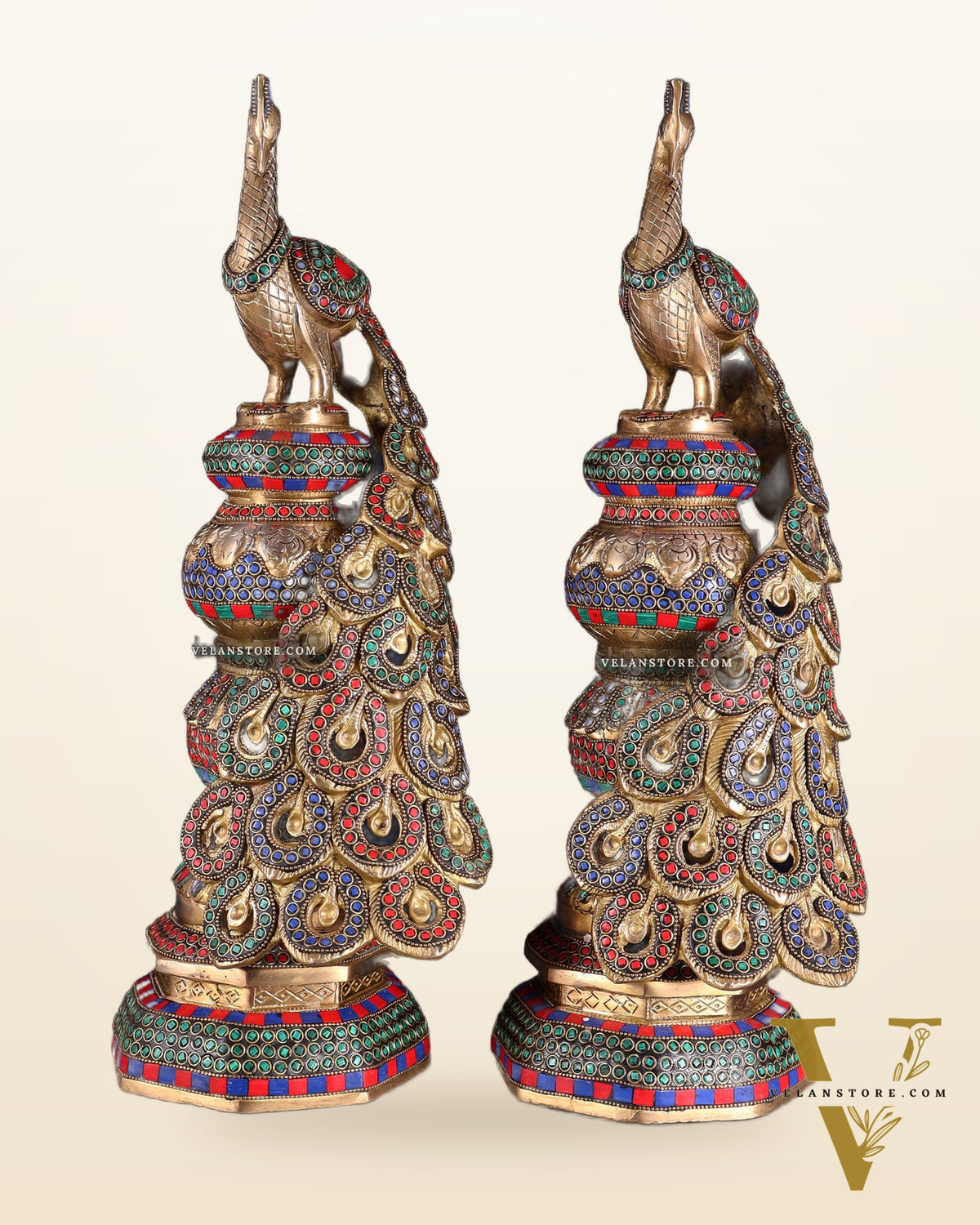 Large brass Peacock Showpiece with ring stonework - 20 Inch pair