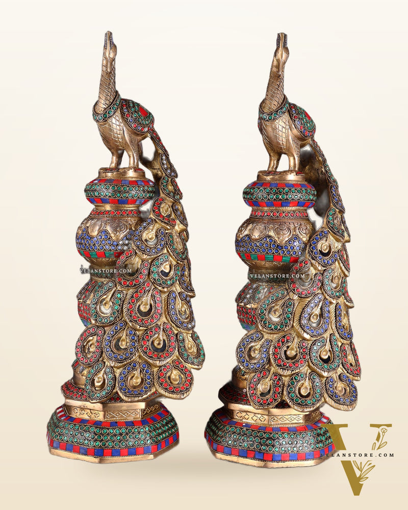 Large brass Peacock Showpiece with ring stonework - 20 Inch pair