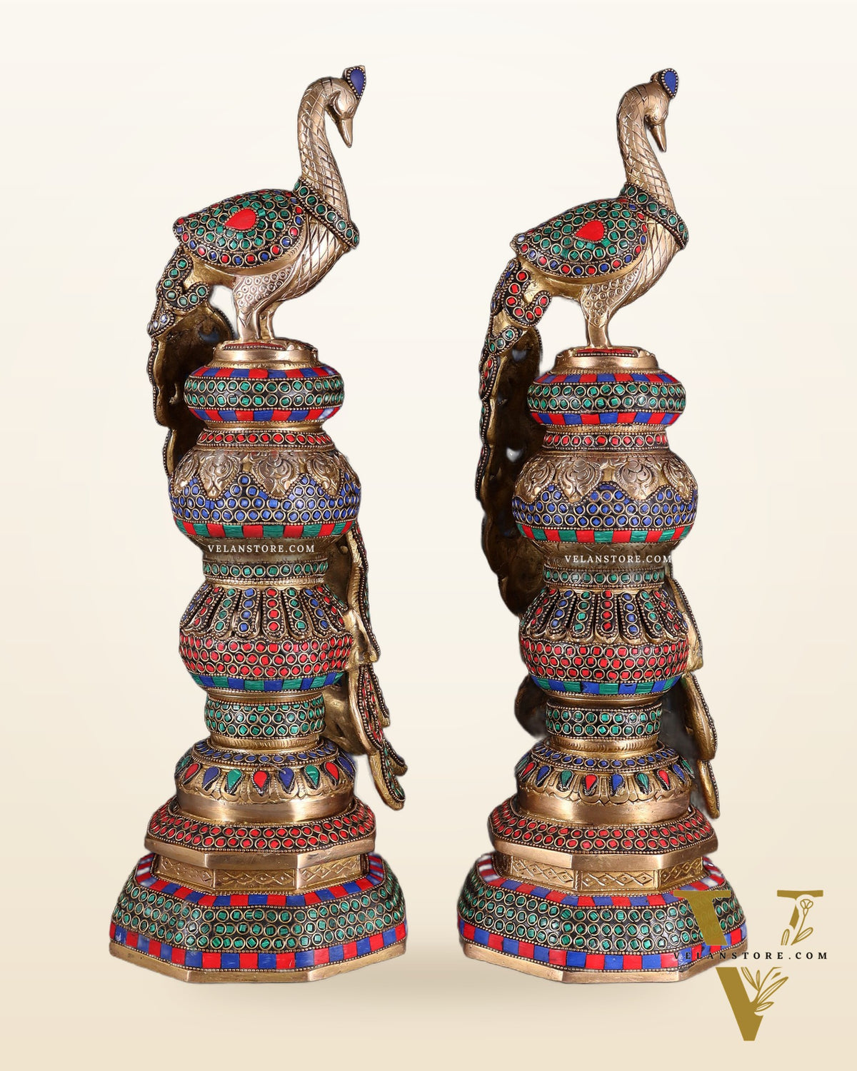 Large brass Peacock Showpiece with ring stonework - 20 Inch pair