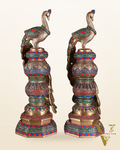 Large brass Peacock Showpiece with ring stonework - 20 Inch pair