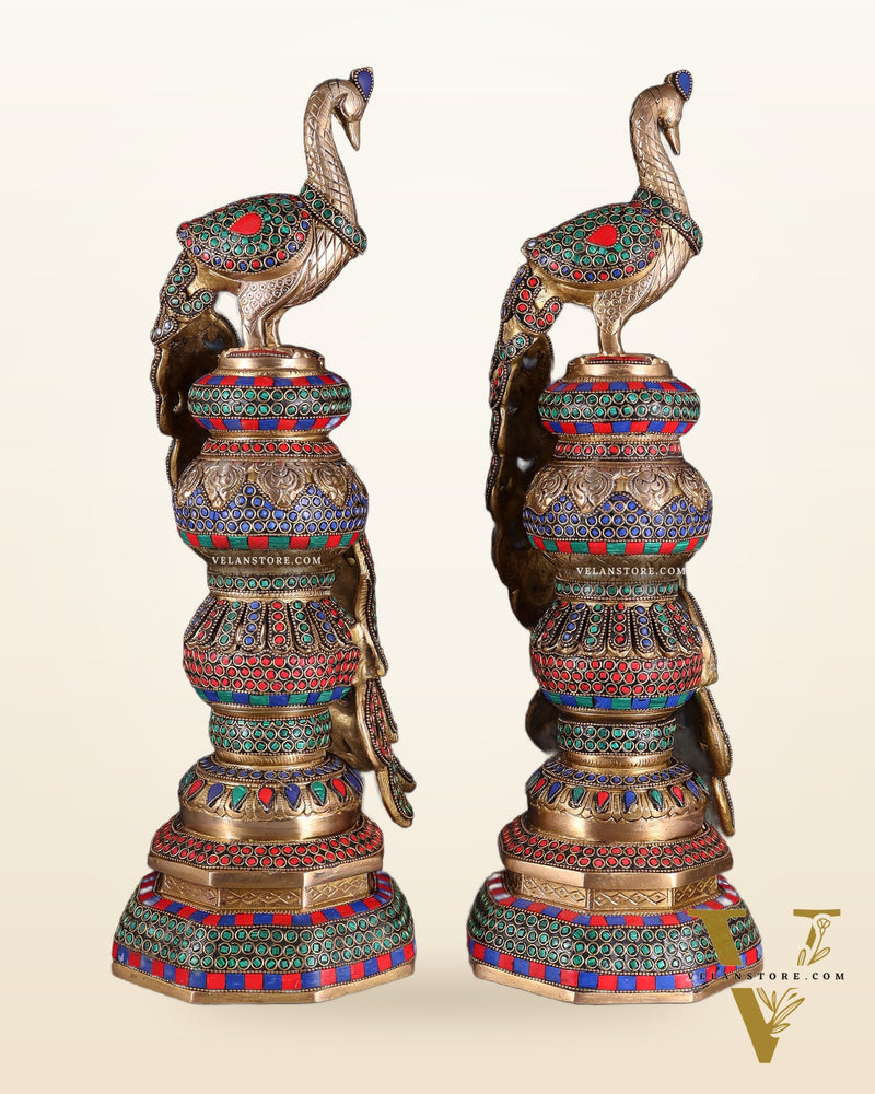 Large brass Peacock Showpiece with ring stonework - 20 Inch pair