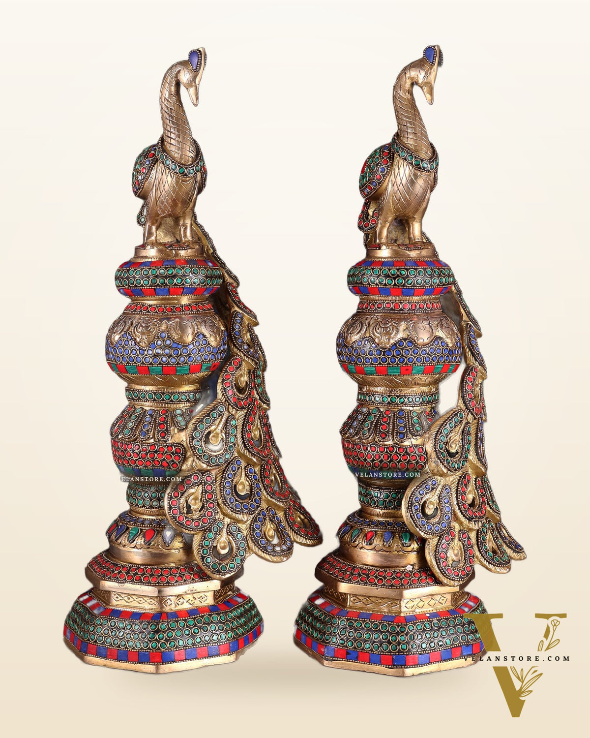 Large brass Peacock Showpiece with ring stonework - 20 Inch pair
