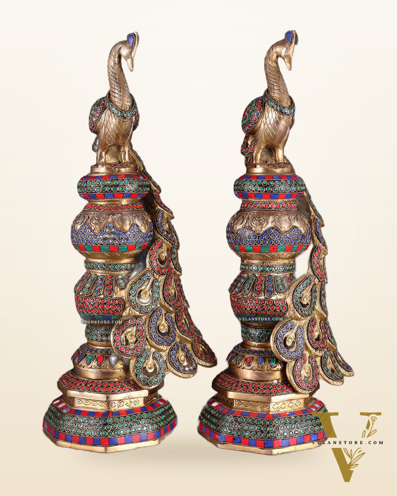 Large brass Peacock Showpiece with ring stonework - 20 Inch pair