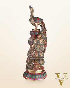 Large brass Peacock Showpiece with ring stonework - 20 Inch