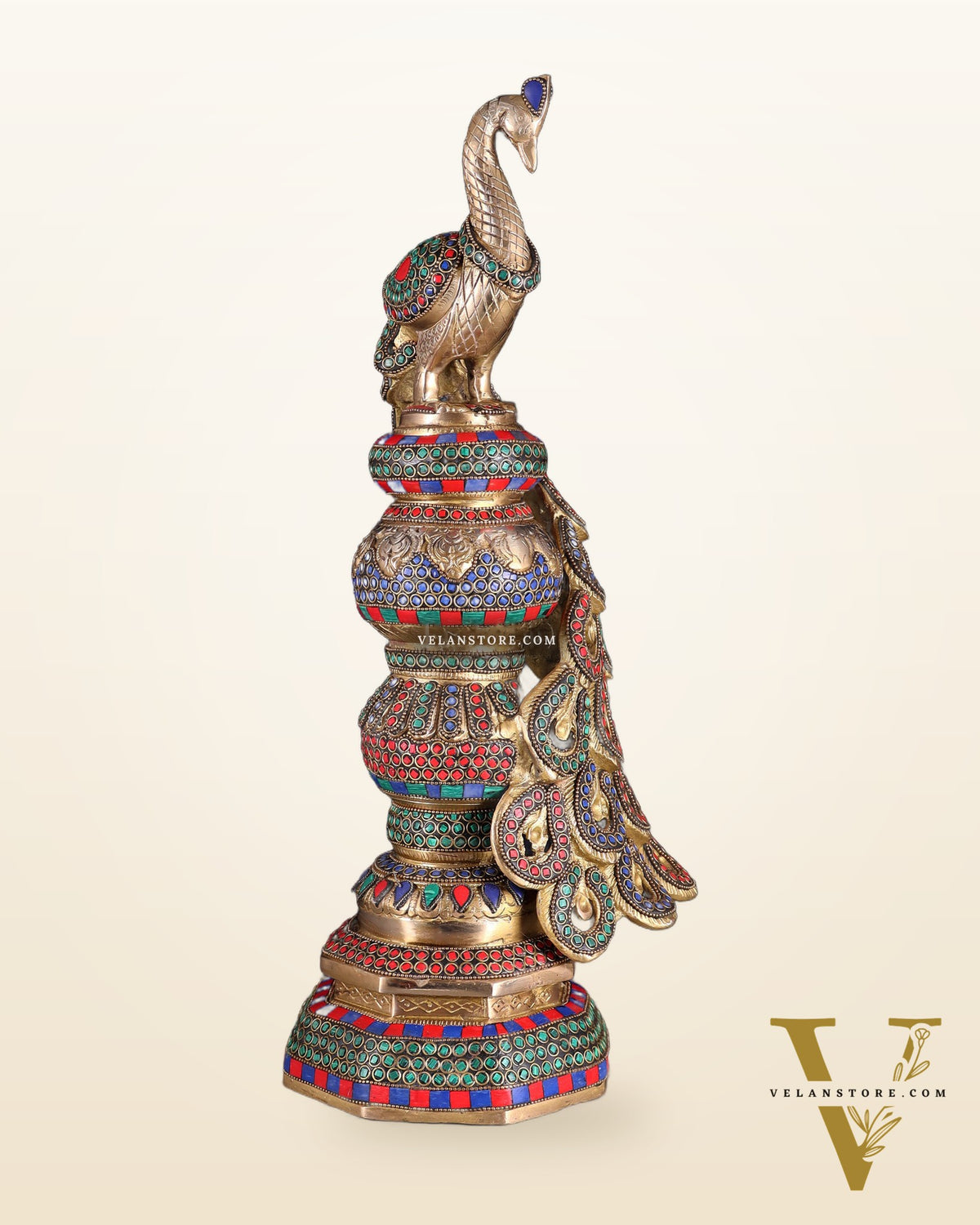 Large brass Peacock Showpiece with ring stonework - 20 Inch
