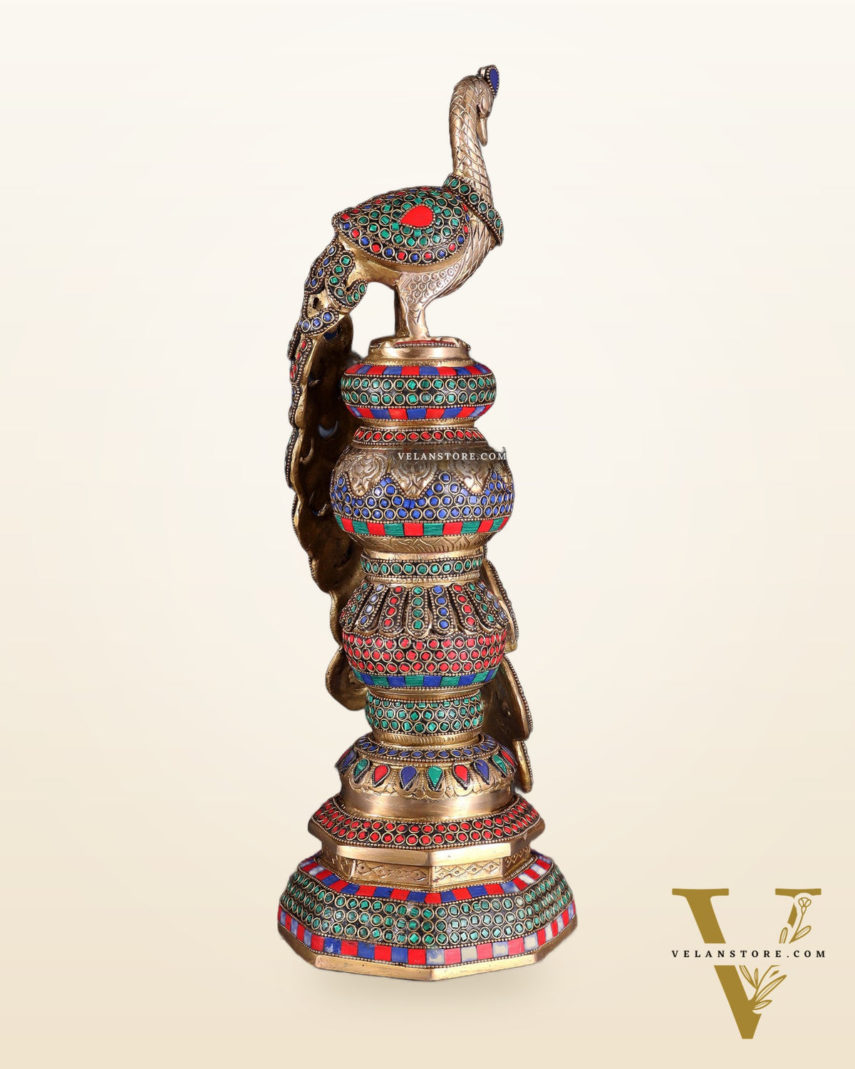 Large brass Peacock Showpiece with ring stonework - 20 Inch