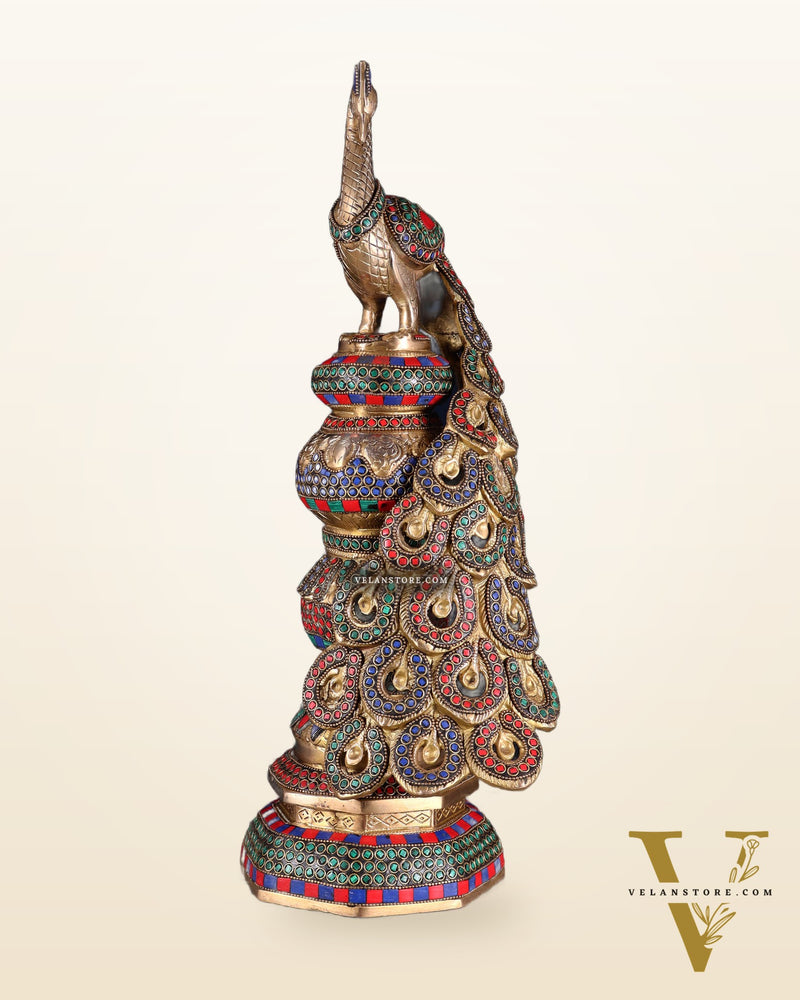 Large brass Peacock Showpiece with ring stonework - 20 Inch