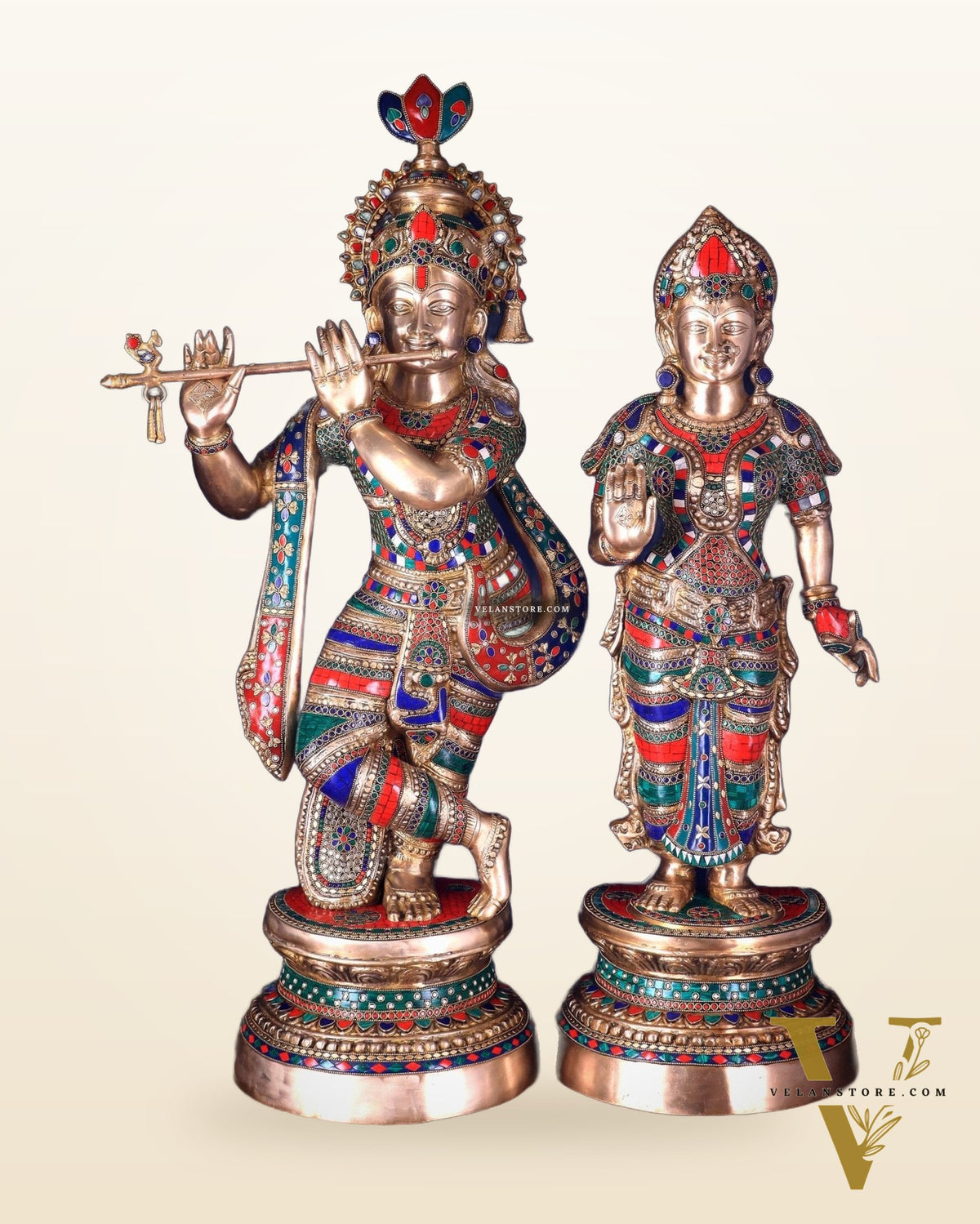 Large Brass Radha Krishna Statues - 36" Height, stonework