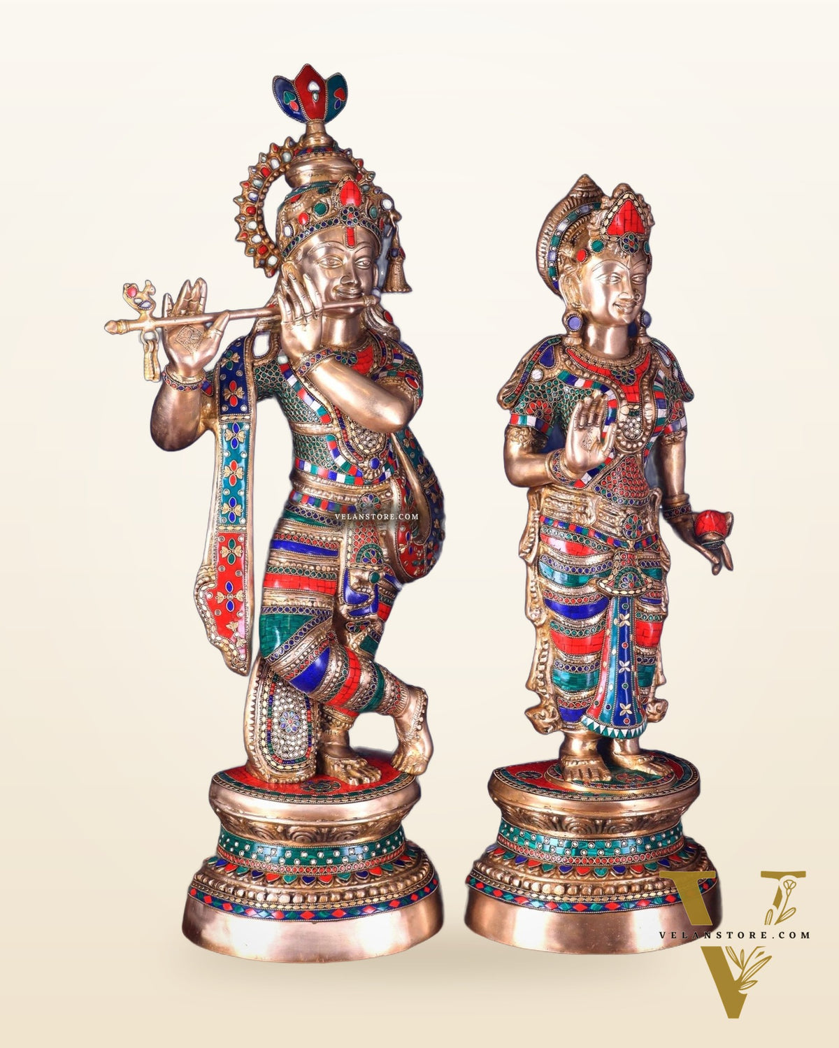 Large Brass Radha Krishna Statues - 36" Height, stonework