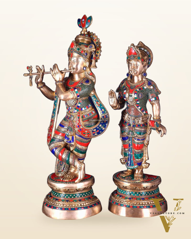 Large Brass Radha Krishna Statues - 36" Height, stonework