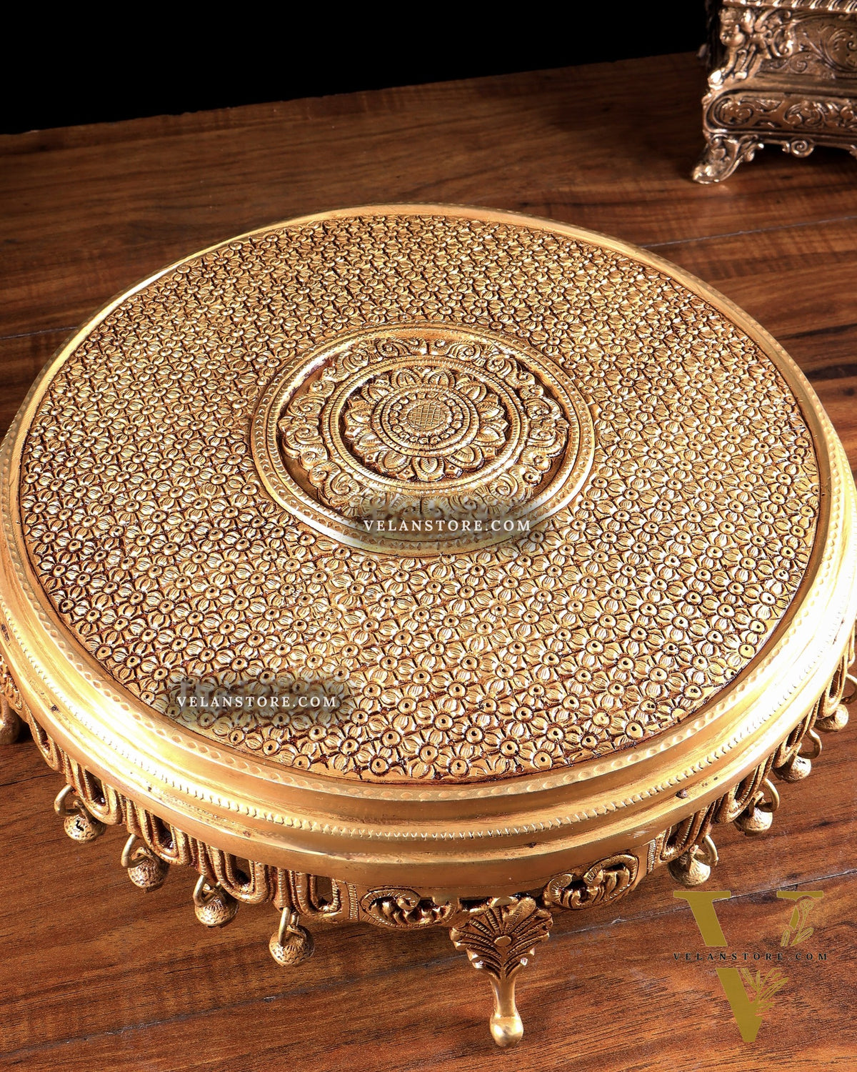 Large Brass Round Chowki with Floral Design and Ghungroos 13.6 inch