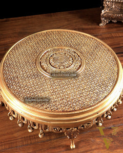 Large Brass Round Chowki with Floral Design and Ghungroos 13.6 inch