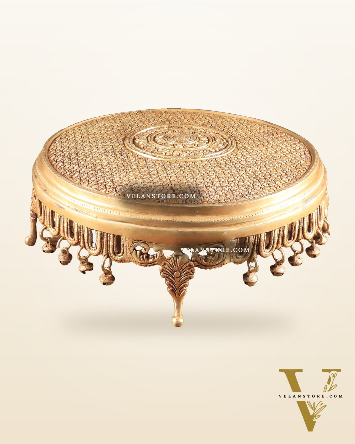 Large Brass Round Chowki with Floral Design and Ghungroos 13.6 inch