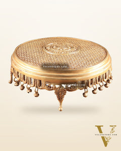 Large Brass Round Chowki with Floral Design and Ghungroos 13.6 inch