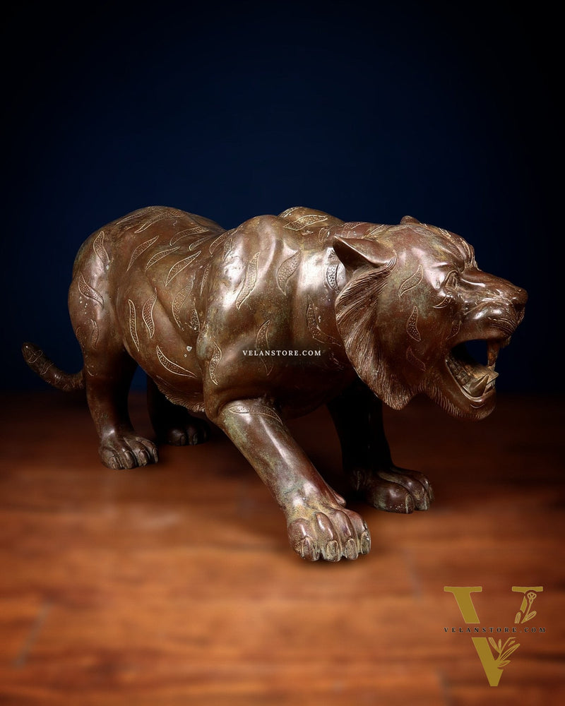 Large Bronze Tiger Sculpture – Majestic Artwork, 19"x53"x13
