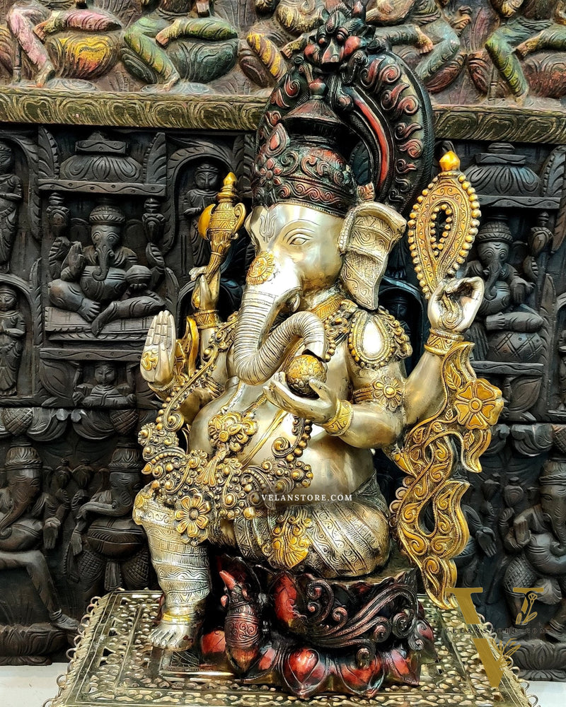Large Handcrafted Superfine Brass Ganapati Statue - 29"