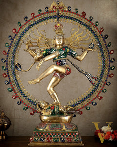 Large Handcrafted Superfine Brass Nataraja | 36" Tall | With Stonework