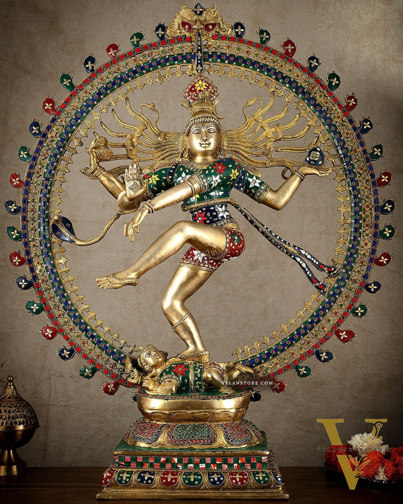 Large Handcrafted Superfine Brass Nataraja | 36" Tall | With Stonework