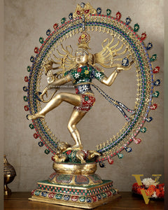 Large Handcrafted Superfine Brass Nataraja | 36" Tall | With Stonework