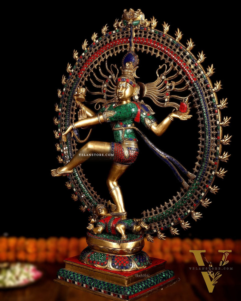 Large Handcrafted Superfine Brass Nataraja Statue by BudhShiv | 36" Tall | With Stonework