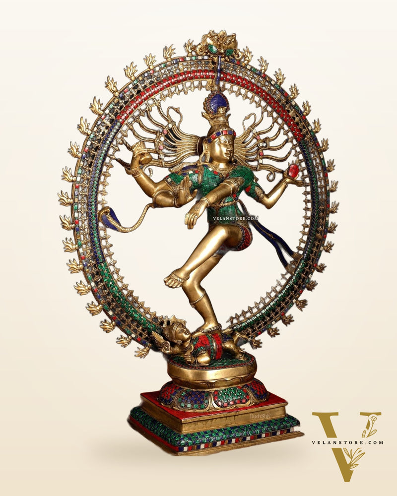 Large Handcrafted Superfine Brass Nataraja Statue by BudhShiv | 36" Tall | With Stonework
