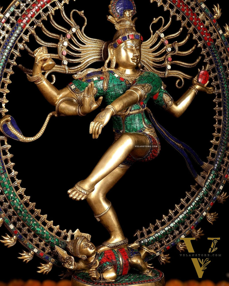 Large Handcrafted Superfine Brass Nataraja Statue by BudhShiv | 36" Tall | With Stonework