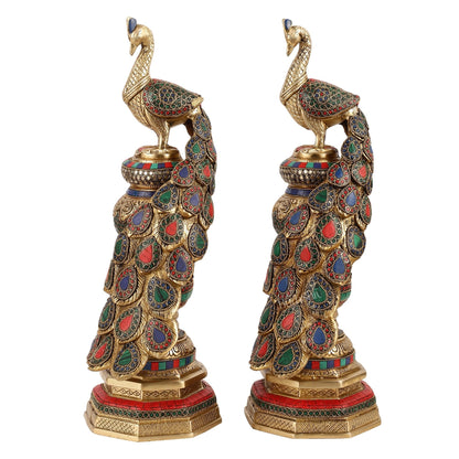 Large brass Peacock Showpiece with Meenakari - 20 Inch pair