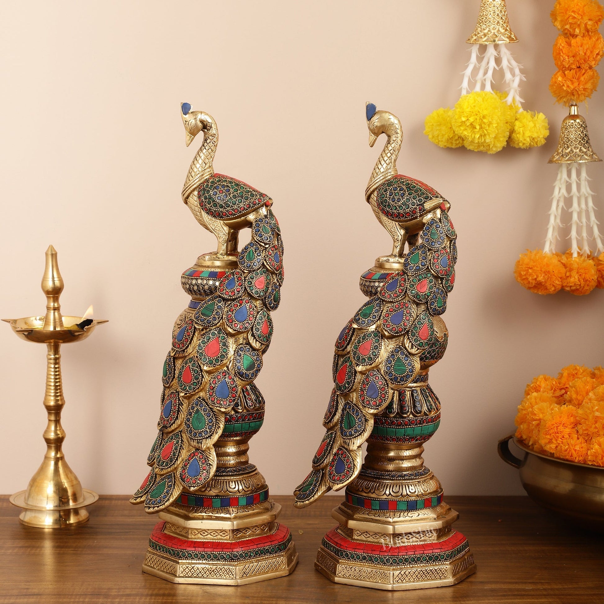 Large brass Peacock Showpiece with Meenakari - 20 Inch pair