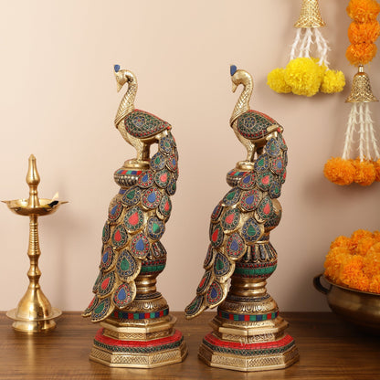 Large brass Peacock Showpiece with Meenakari - 20 Inch pair