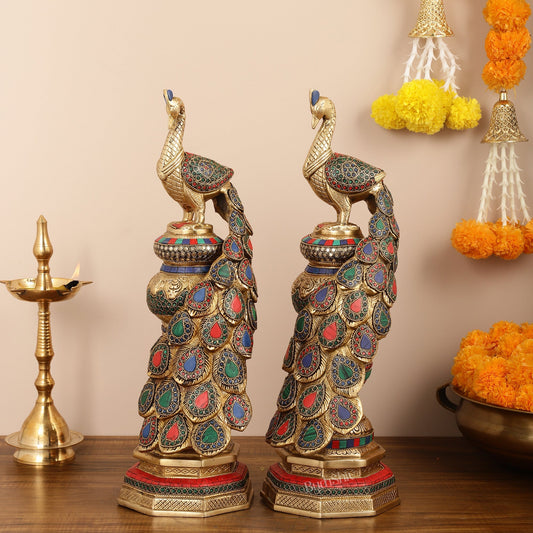 Large brass Peacock Showpiece with Meenakari - 20 Inch pair
