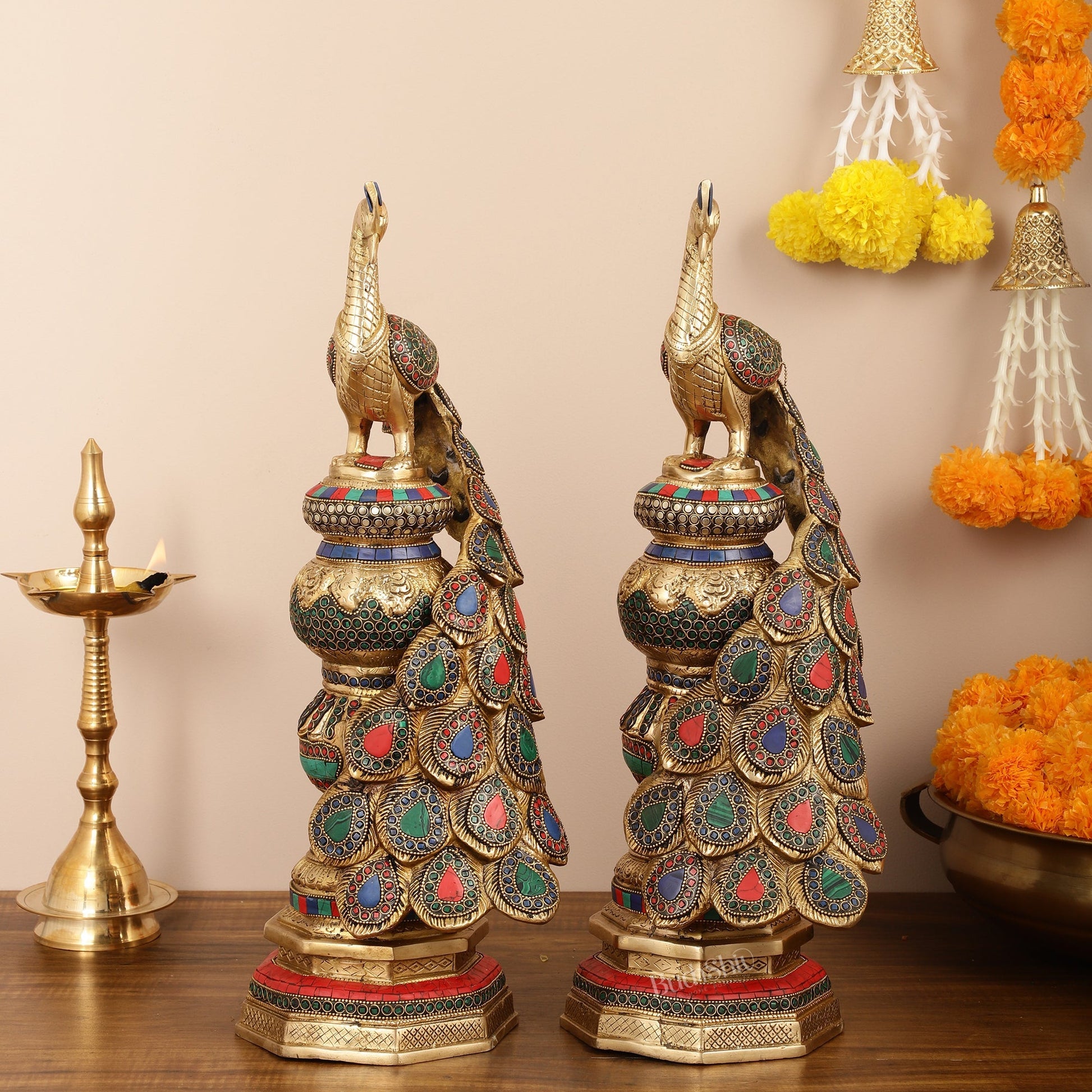 Large brass Peacock Showpiece with Meenakari - 20 Inch pair
