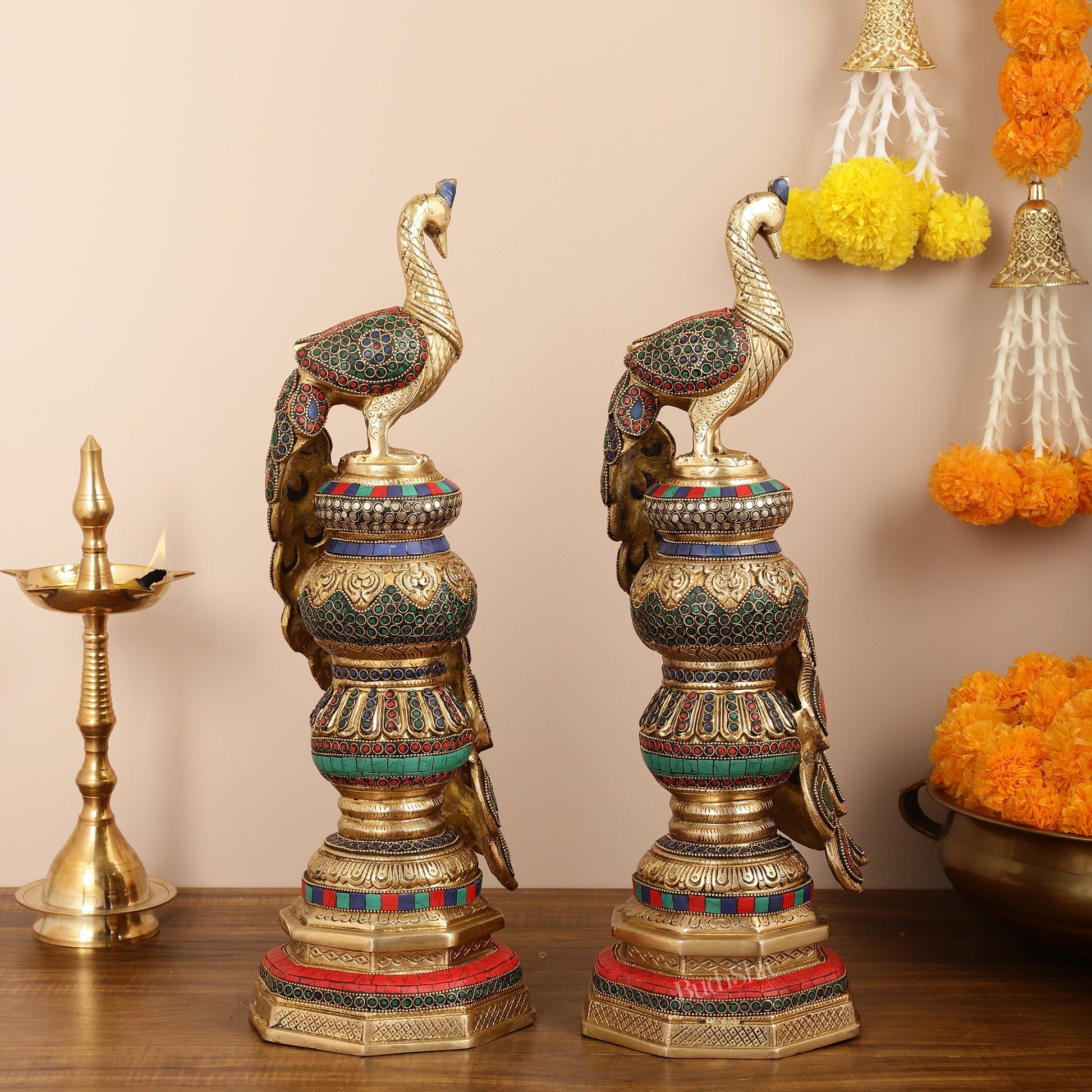 Large brass Peacock Showpiece with Meenakari - 20 Inch pair