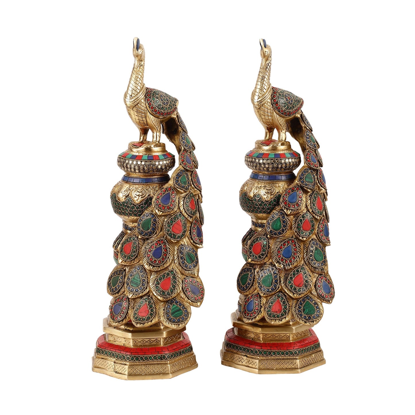 Large brass Peacock Showpiece with Meenakari - 20 Inch pair