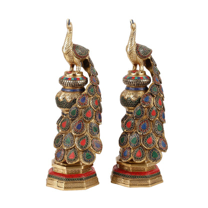 Large brass Peacock Showpiece with Meenakari - 20 Inch pair