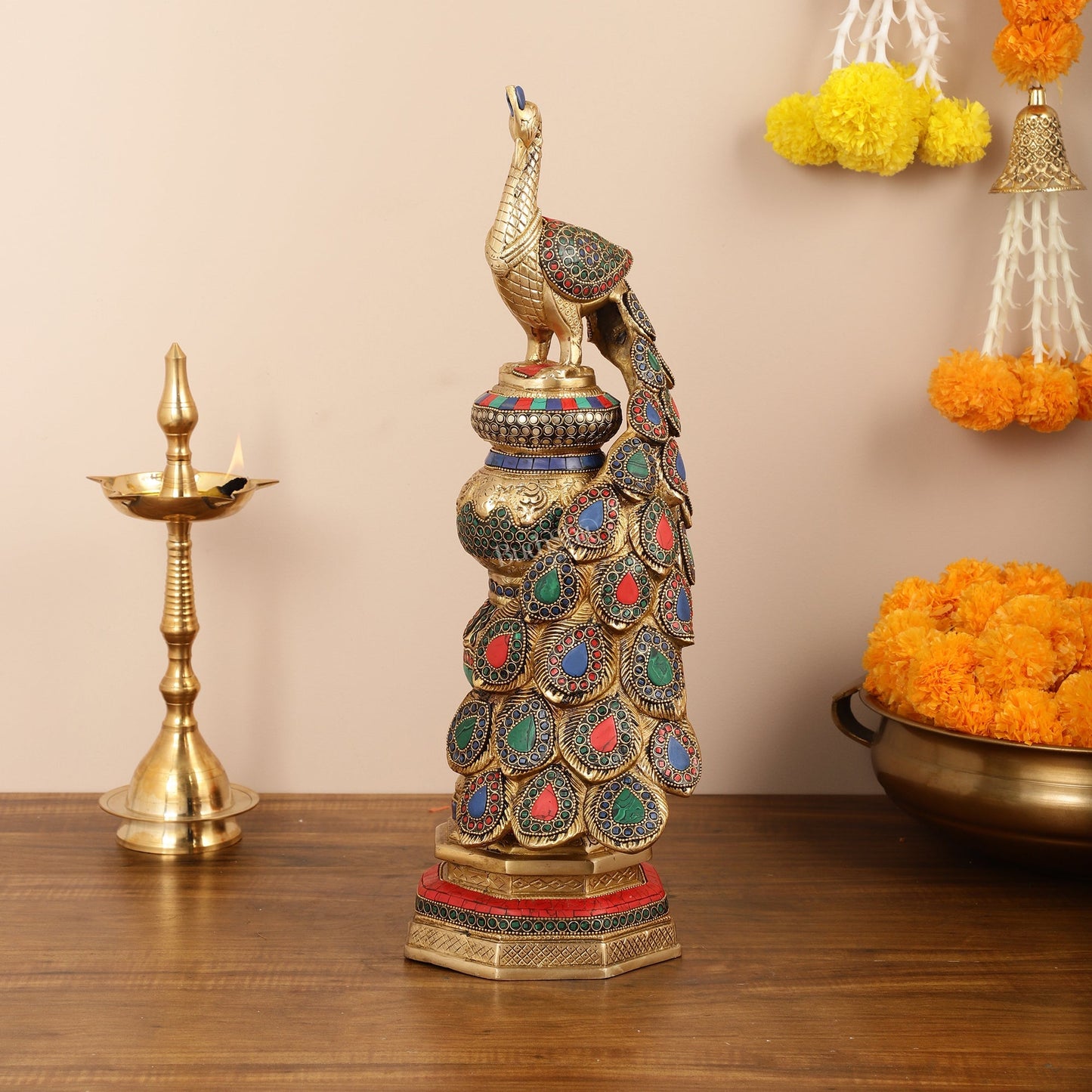 Large brass Peacock Showpiece with Meenakari - 20 Inch