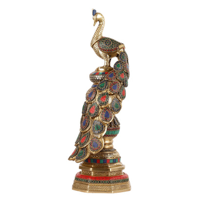 Large brass Peacock Showpiece with Meenakari - 20 Inch