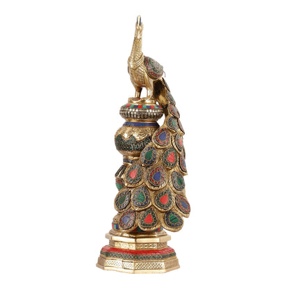 Large brass Peacock Showpiece with Meenakari - 20 Inch