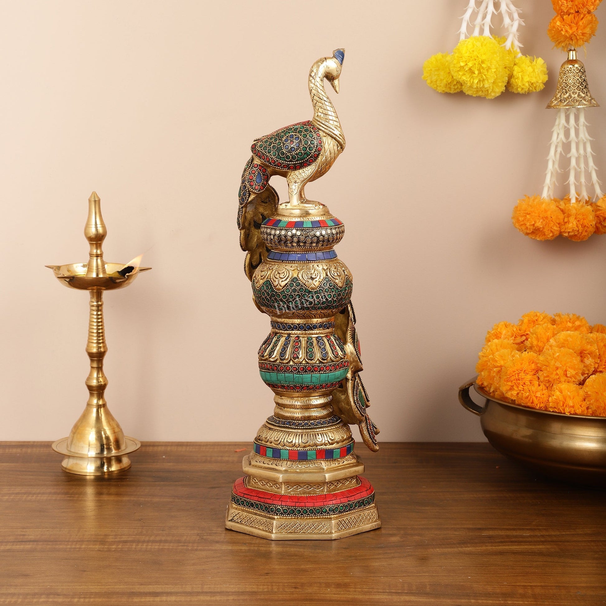 Large brass Peacock Showpiece with Meenakari - 20 Inch