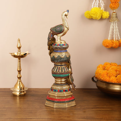 Large brass Peacock Showpiece with Meenakari - 20 Inch