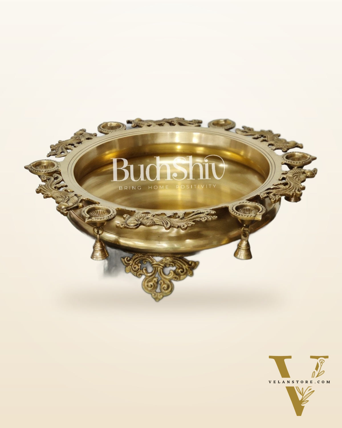 Large Peacock Urli with Diyas and Bells | Magnificent Brass Decor 21"