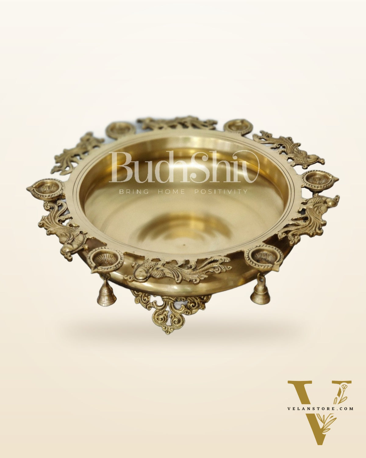 Large Peacock Urli with Diyas and Bells | Magnificent Brass Decor 21"