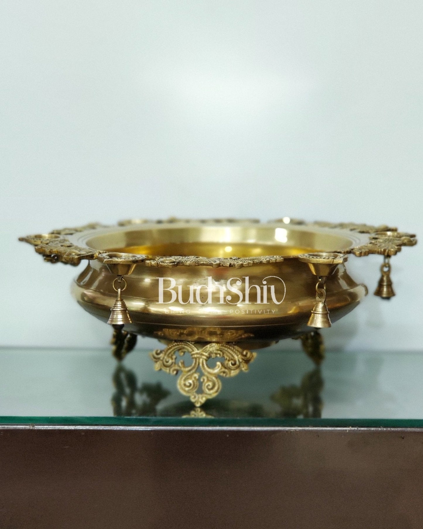 Large Peacock Urli with Diyas and Bells | Magnificent Brass Decor 21"