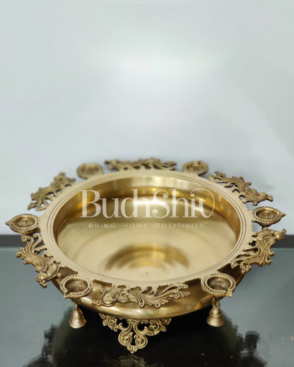 Large Peacock Urli with Diyas and Bells | Magnificent Brass Decor 21"