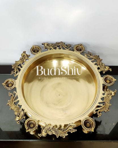 Large Peacock Urli with Diyas and Bells | Magnificent Brass Decor 21"