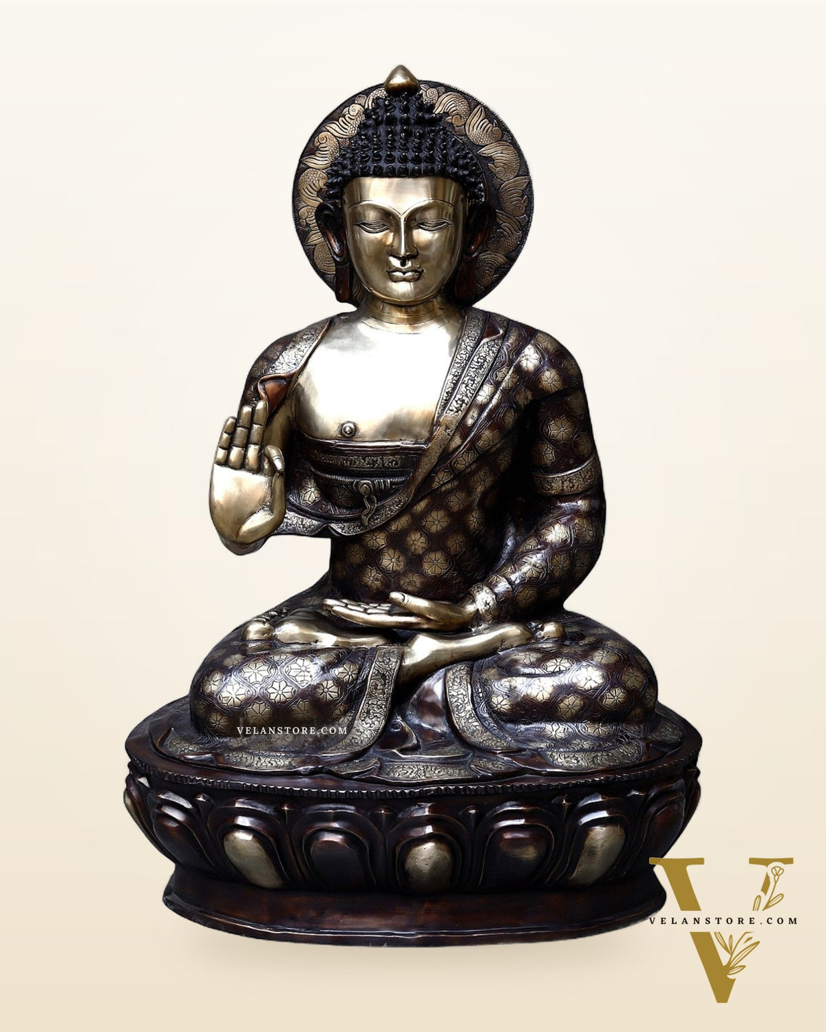 Large Pure Brass Buddha Statue in Abhaya Mudra – 46 Inches, 95 Kg Celestial Aura