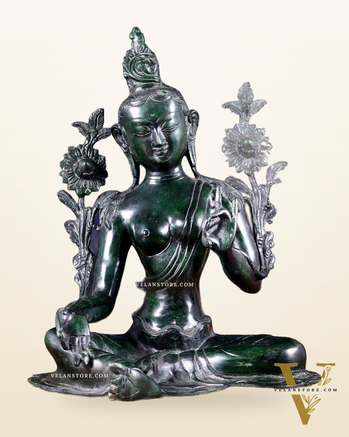 Large Pure Brass Green Tara Idol 13" agate green stone finish