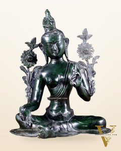 Large Pure Brass Green Tara Idol 13" agate green stone finish