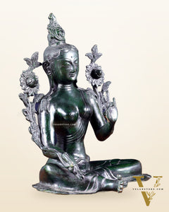 Large Pure Brass Green Tara Idol 13" agate green stone finish