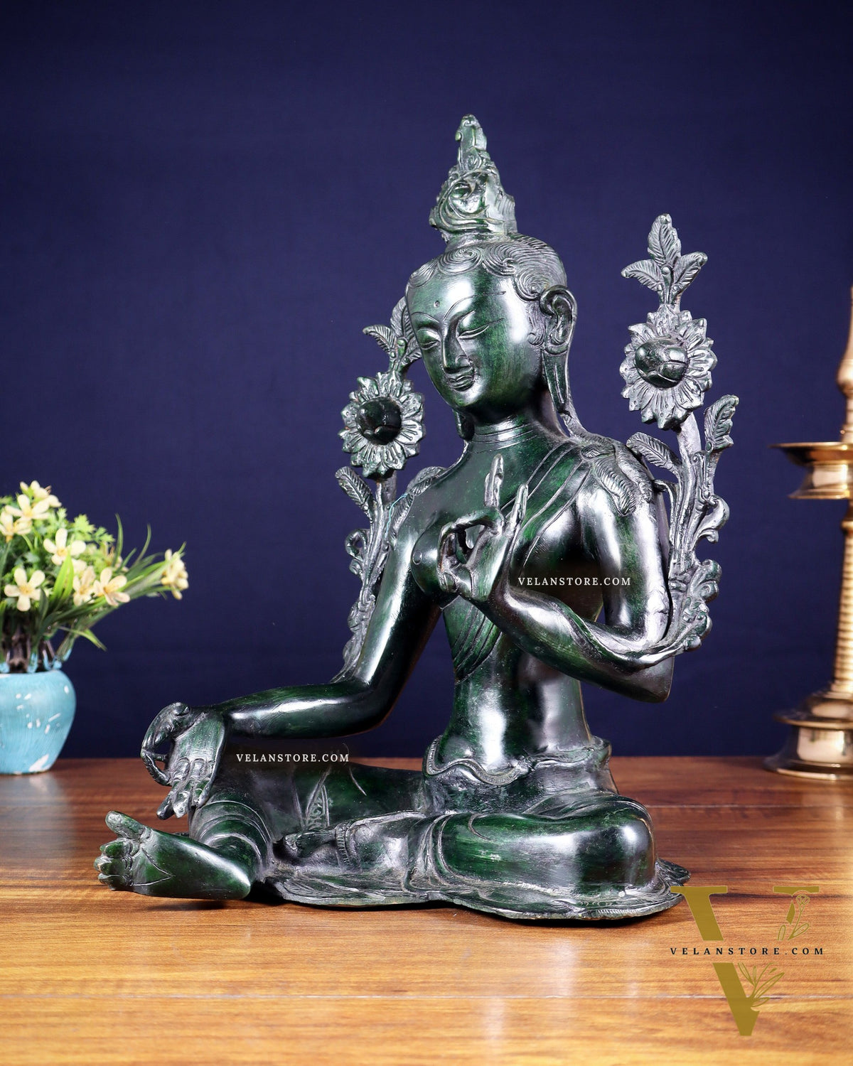 Large Pure Brass Green Tara Idol 13" agate green stone finish