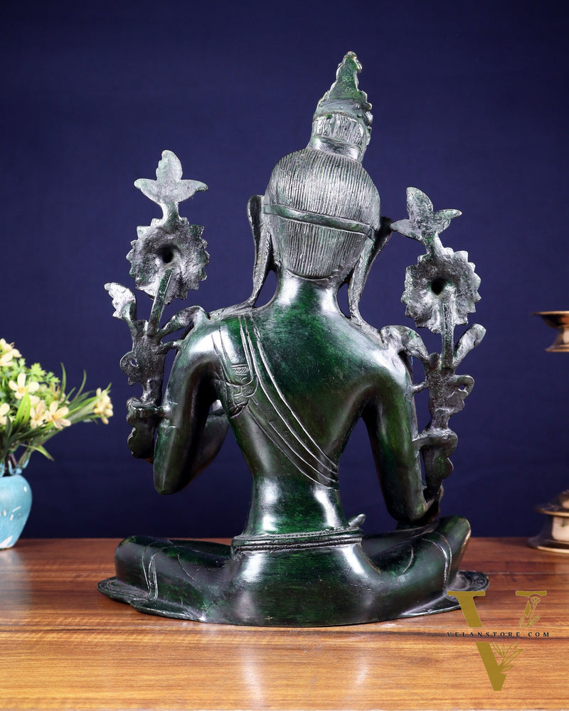 Large Pure Brass Green Tara Idol 13" agate green stone finish
